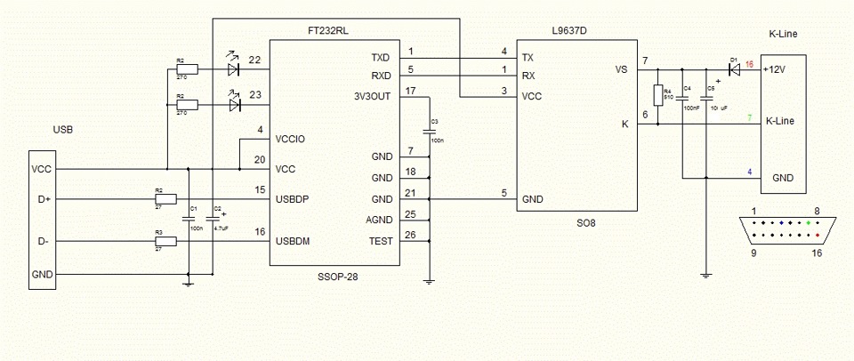 K-Line адаптер с переключением по линиям на чипе FT232 (FiatEcuScan, Chevrolet Explorer)